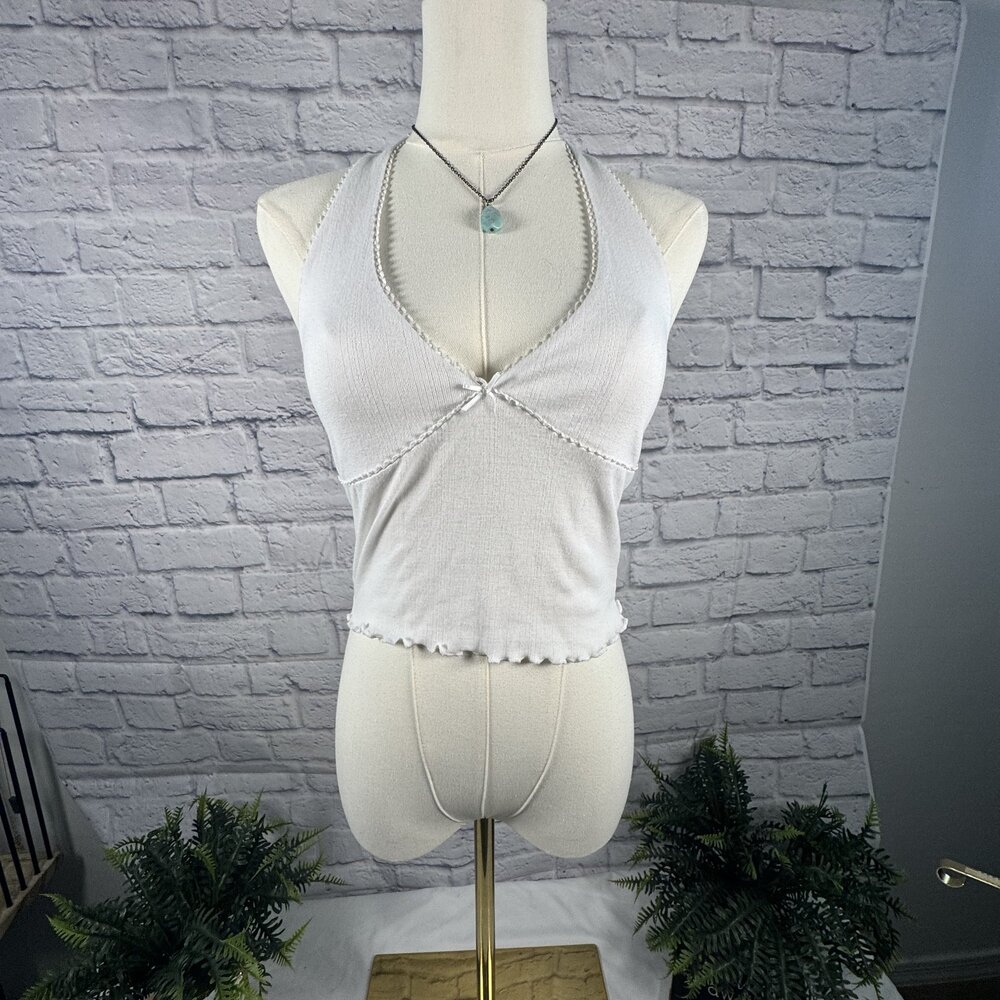Gilli White Lettuce Edge Halter Tie Crop Top M Contrast Stitch